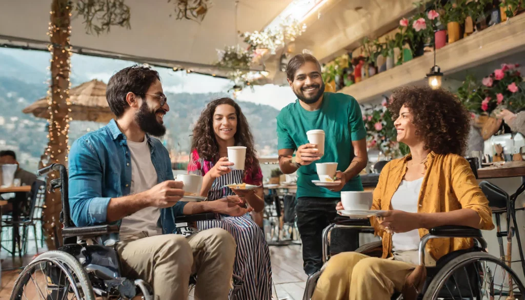 Un gruppo di persone in sedia a rotelle e non , discutono felici sedute al bar